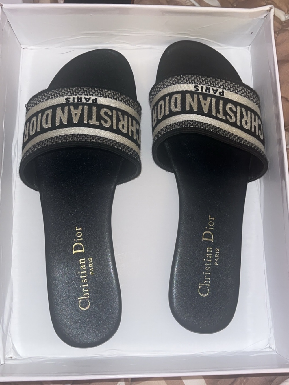 Christian Dior Black and Beige Logo Slide Sandals